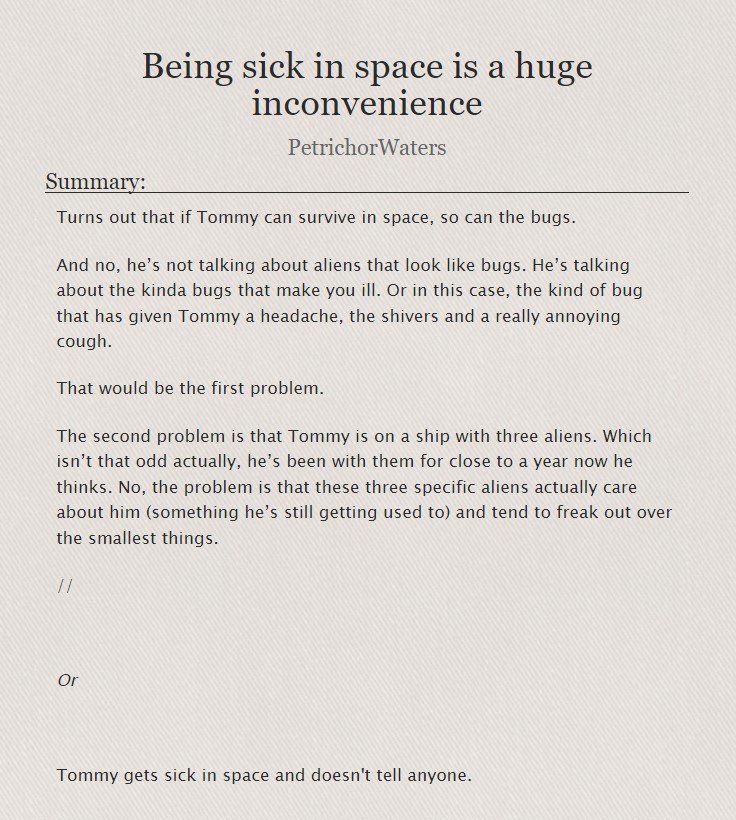 SbiFics's tweet photo. Being sick in space is a huge inconvenience by PetrichorWaters
https://t.co/DTW0ZDRjy2

Warnings: Sickness, Emetophobia

Words: 3,745

Complete! 🌻

-🐙 https://t.co/NYSpT0V5Zr
