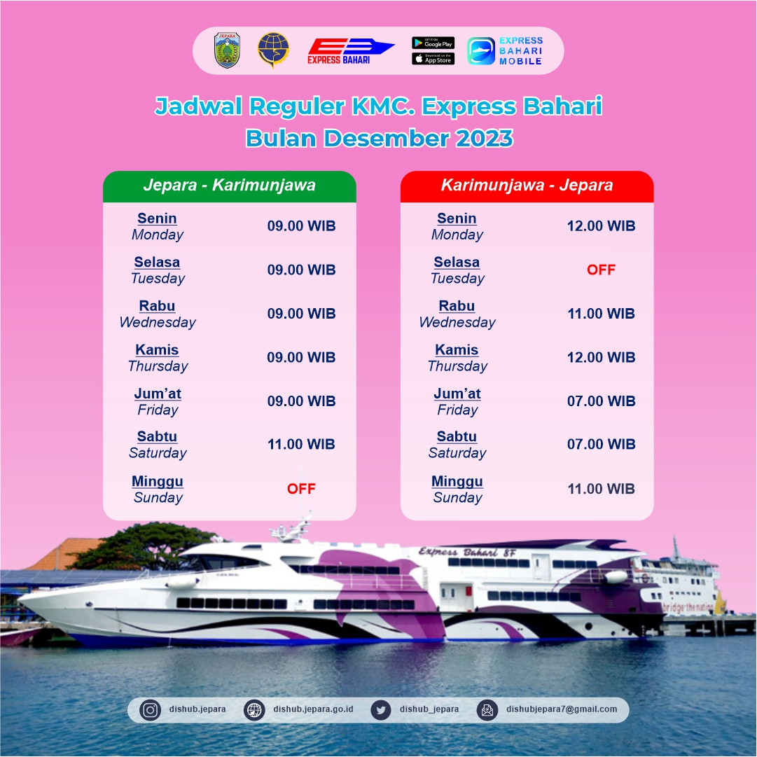 dishub_jepara's tweet photo. PDATE JADWAL REGULER BULAN DESEMBER 2023

📍 𝑹𝒖𝒕𝒆 : 𝑱𝒆𝒑𝒂𝒓𝒂 - 𝑲𝒂𝒓𝒊𝒎𝒖𝒏𝒋𝒂𝒘𝒂/𝑷𝑷

Tiket untuk keberangkatan bulan desember dapat dipesan dan diakses melalui Aplikasi Express Bahari Mobile https://t.co/4wsbpxUngl