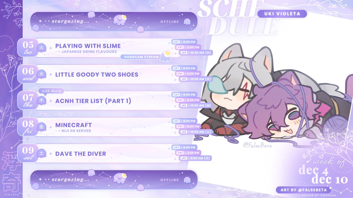 uki_violeta's tweet photo. 【🔮 Weekly Schedule! 🌌】
Dec 04 - Dec 10

General #UkiVioleta
Live #UkiLive
Art #VioletAtelier
Assets #VioletAssets
Meme #uwukiVioleta
NSFW #UKinky
Thumbnails #UkiThumb
Clips #Ukilipse
🍳 #Violeggta
Cute #fuwauki
Drinks #violatte
Cos #ukiform
Fan Name / Stargazers

#NOCTYX https://t.co/V70RUg9yui