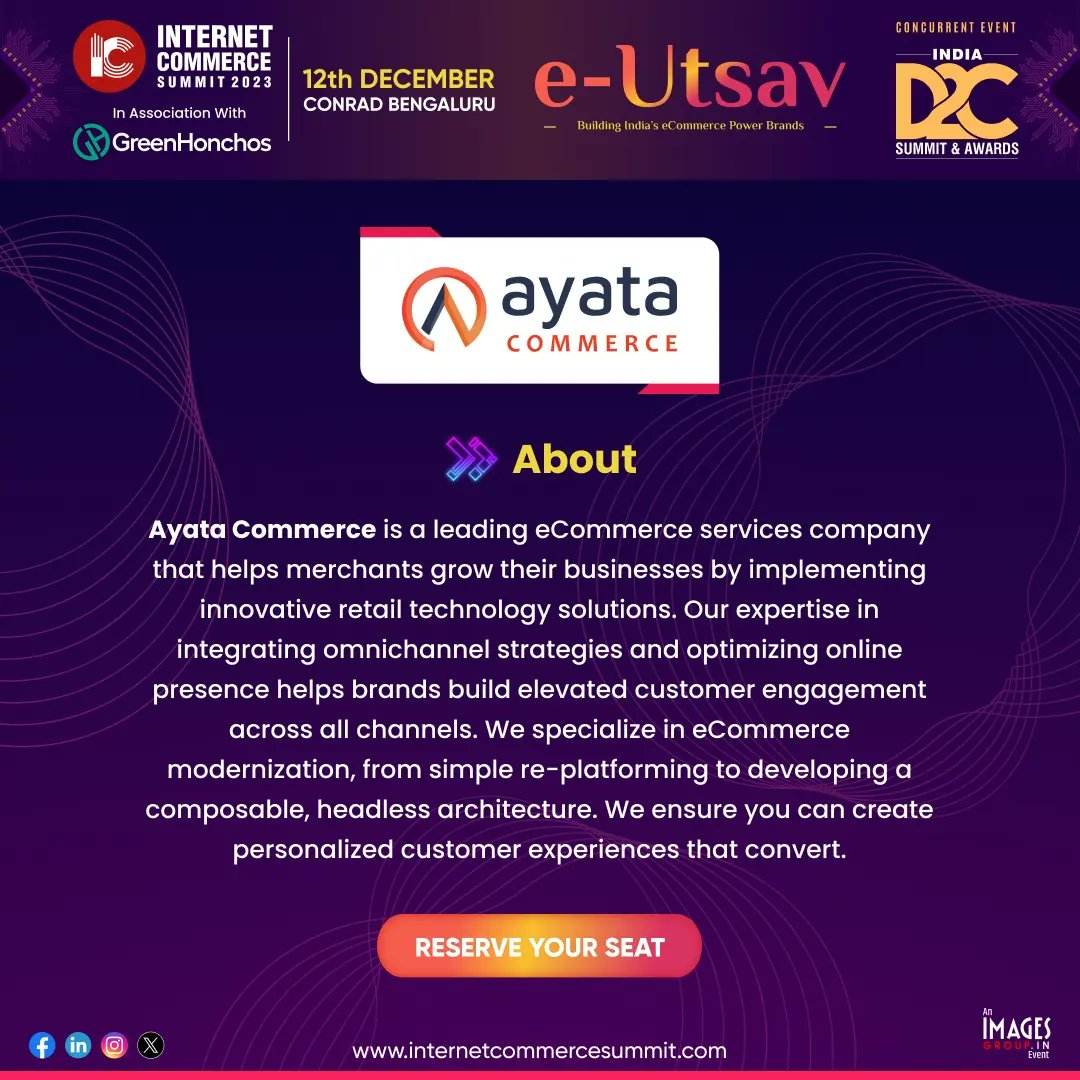 ics_2023's tweet image. We are thrilled to announce AyataCommerce as our Event partner! 🚀

🗓️: 12th December 2023
📍: Conrad Bengaluru

👉🏻 Find out more at
lnkd.in/fgUtKMi
👉🏻 Book Your Ticket Now
lnkd.in/g232UxKW
👉🏻 Download Brochure
lnkd.in/evkzGTH

#ICS2023 #d2c #bogo