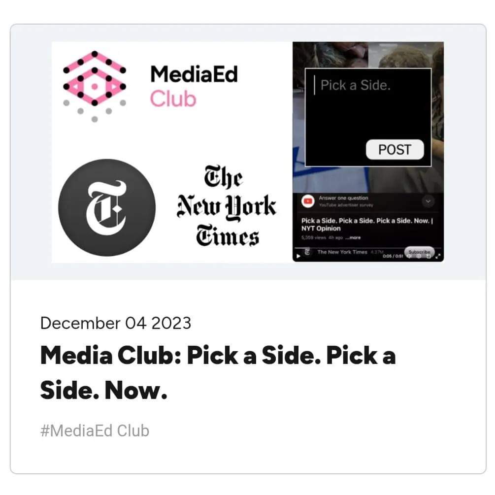 🚨Join us!🚨 MediaEd Club @MedEduLab @reneehobbs on @nytimes Pick a Side. Pick a Side. Now. exploring the role of social media in the current Israel-Hamas war, & if there's space for nuance. 🗓️ Dec 4 ⏰ 1030 pm IST 🔗 mediaeducationlab.com/events/media-c… REGISTER: us02web.zoom.us/meeting/regist…