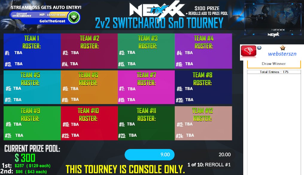 XBL_NexXx's tweet photo. 2v2 $300+ FREE ENTRY SWITCHAROO TOURNEY
When?: Today at 6:30 PM EST
Where?: https://t.co/1xVN7mDDeL

Come to stream right at start at 6:00 PM and claim your daily point redeem to improve your odds of getting 1 of the 24 spots available. https://t.co/XkuykcogDa