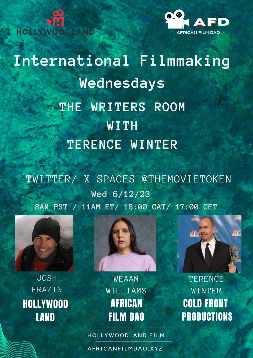 Incredibly excited about our  Space this week, as we will get inspiration and advice from one of the best in the business, Terrence Winter, writer and producer of "The Sopranos" and "The Wolf of Wall Street", among others. <a href="/themovietoken/">Hollywoodland</a> @brokegorilla <a href="/DaoAfrican22236/">African Film DAO</a> @nfvsa