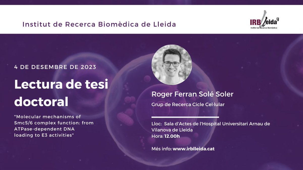 IRBLleida_Info's tweet photo. 🗞 Lectura de tesi doctoral - Personal investigador #IRBLleida
➡  Roger Ferran Solé Soler
🗓  Data i hora: 4 de desembre - 12.00 h
📍  Sala d'Actes de l'Hospital Universitari Arnau de Vilanova de Lleida
@DoctoratUdL https://t.co/a1s3yBGNIX