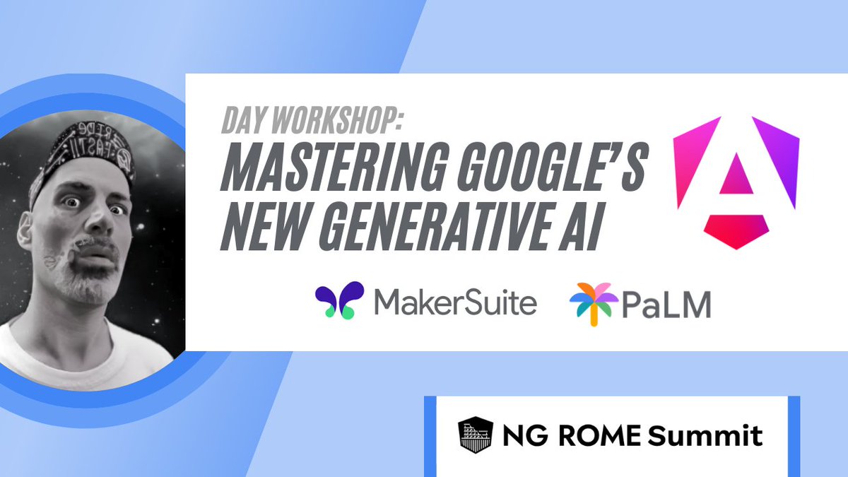 gerardsans's tweet image. First ever Google Generative AI workshop for Web Developers at Angular Rome Summit is today!
In this full day training, we will explore how to leverage MakerSuite and PaLM APIs to build the next generation of AI-enabled Applications
#GoogleDeveloperExpert #ai