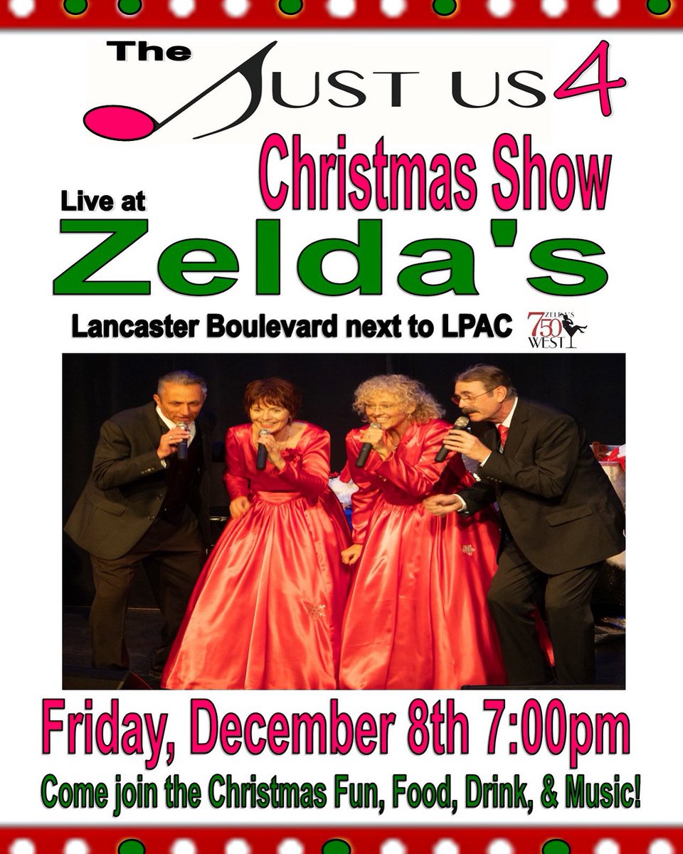 JustUs4singers's tweet photo. #JustUs4 will be performing at Zelda’s on #TheBlvd this Friday.  Come out and enjoy great food, drink and entertainment as we celebrate the #Christmas #Holiday Season https://t.co/rjRfx0KdXX