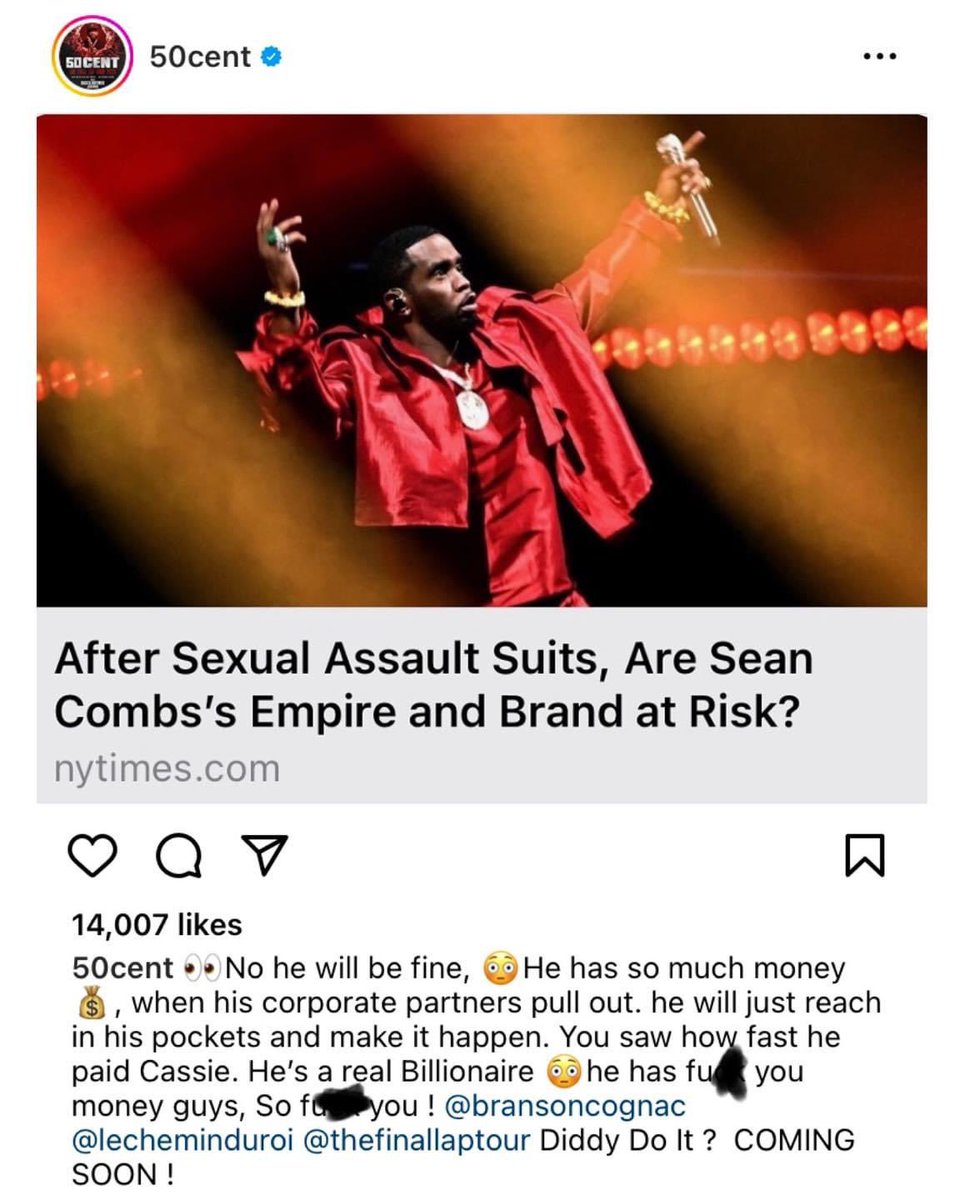 50 Cent claims that he is working on a Diddy documentary titled “Diddy do it?”.