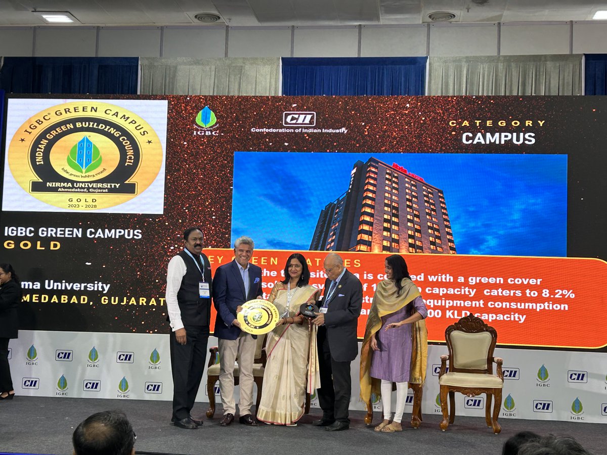 NirmaUniTweets's tweet photo. Nirma University as part of the Indian Green Building Congress - IGBC awardee was felicitated for its Green Campus with IGBC Green Campus-Gold Award at Green Building Congress 2023 held at Chennai Trade Centre, Chennai during November 23-25, 2023. https://t.co/WkGIPgkKCT