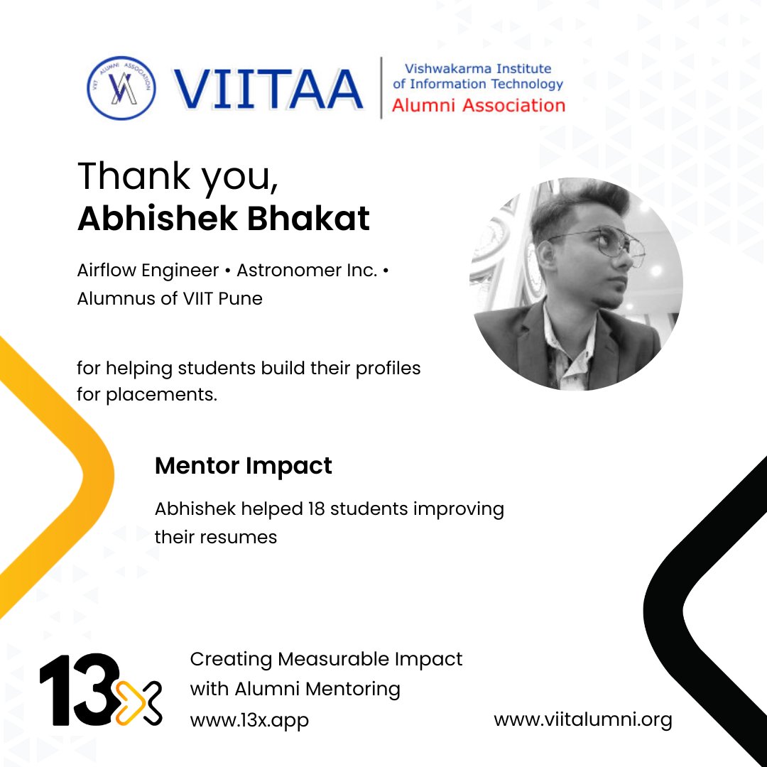 13xbyVaave's tweet photo. Introducing Abhishek Bhakat, an exemplary alumnus from VIIT Pune. 

Abhishek has gone above and beyond, generously dedicating his time to meticulously review the resumes of 18 students. 

A heartfelt thank you to Abhishek!

#AlumniMentoring #VIITPune #Mentoring #13xMentoring https://t.co/tJn93UqFOc