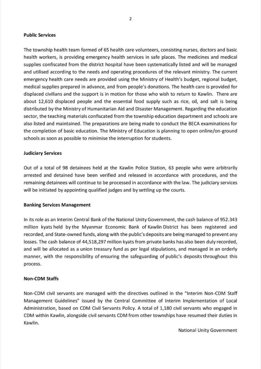 Here is what happens when the NUG establishes full control of a township - in this case liberated Kawlin. Political prisoners are freed, CDM administration is established and service delivery is resumed. #WhatsHappeninglnMyanmar