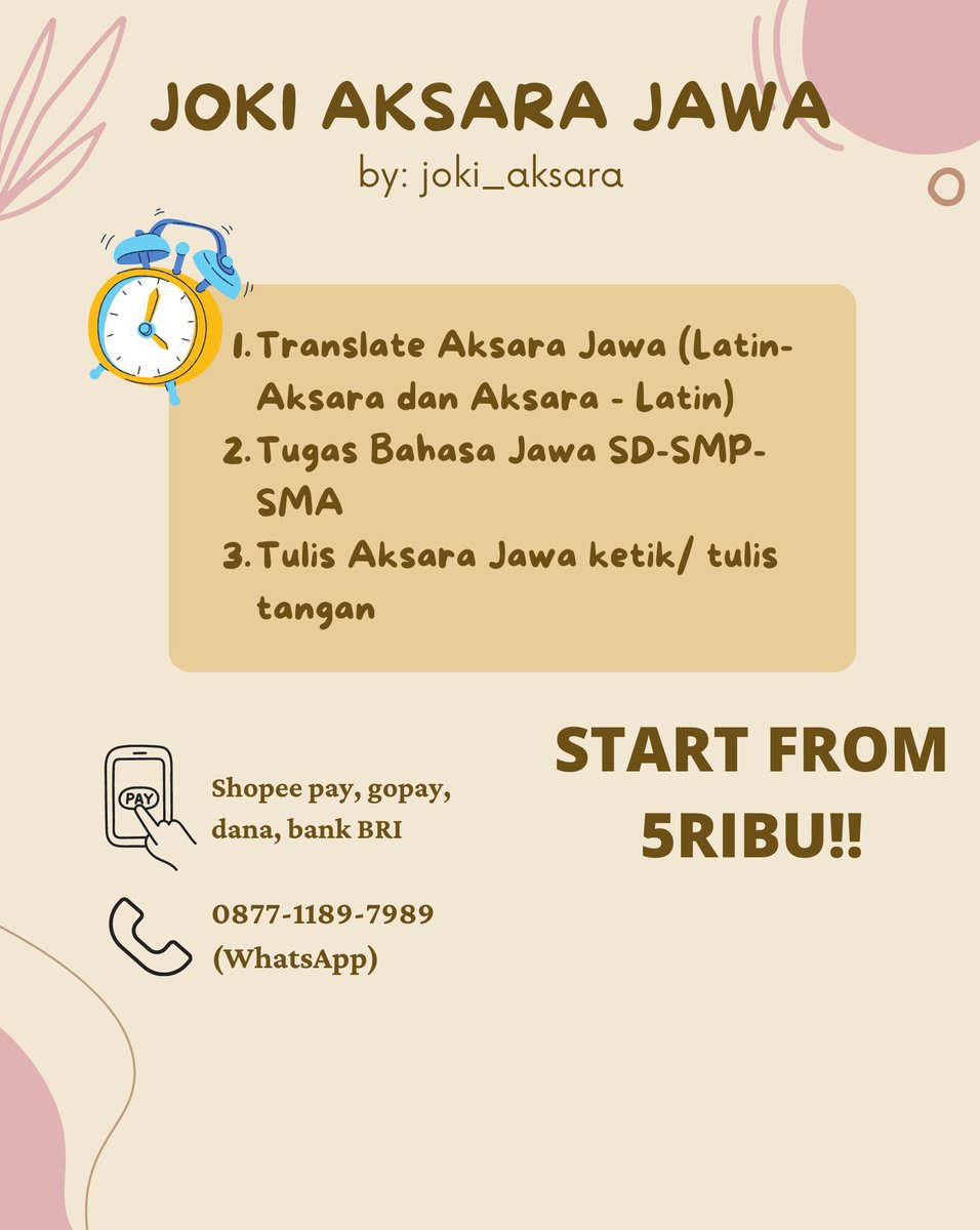joki_aksara's tweet photo. haloo gais!
lama gak share/post tweet
minSara open joki tugas bahasa jawa/aksara jawa sd-sma 😆✨🍃
harga terjangkau loh hihi
langsung whatsapp ke nomor 087711897989
dijamin trusted dan amanah ya

#jokibahasajawa #jokiaksarajawa #jokitugasbahasajawa #jokitugassekolah #jokimurah https://t.co/QtWwxA2obo