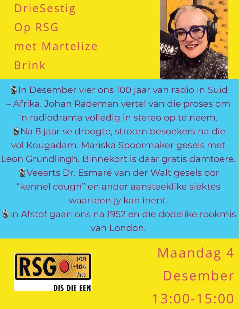 Gelukkige Maandag!! Ek hoop jy het 
‘n heerlike naweek agter die rug. Hier is ons program vir vanmiddag. Sien jou 13:00 op <a href="/zarsg/">RSG 100-104FM</a>