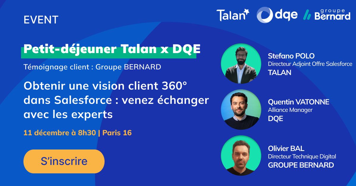 J-7 🔔 Petit-déjeuner Talan x DQE | Obtenir une vision client 360° dans Salesforce: venez échanger avec les experts  !

📅 Lundi 11 décembre
🕗8h30 - 11h30 
📍Talan, Paris 16

➡️ S'inscrire : eu1.hubs.ly/H06t3mg0

#DQE #DataQuality #CRM #customerdata #salesforce