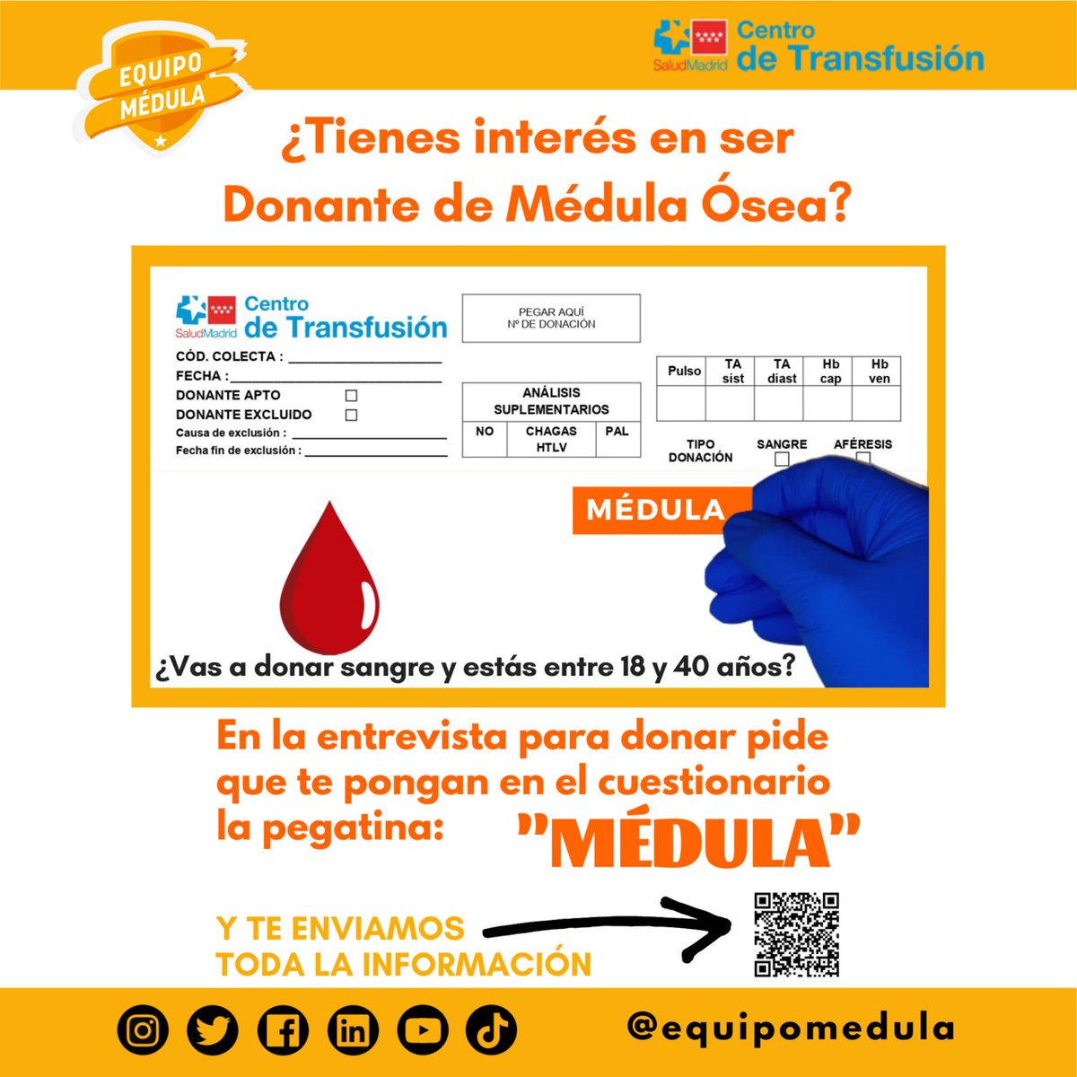 🩸 ¿Vas a ir a donar #sangre? ¿Tienes entre 18 y 40 años?

🧡 ¿Sabes que puedes aprovechar para registrarte como donante de #médula?

🏥 Sólo tienes que decírselo al personal que te atienda y en el cuestionario pondrá la "pegatina médula". 

➕ Info: c.madrid/lll0424