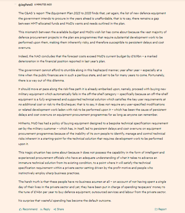 JagPatel3's tweet image. In the #AutumnStatement, the Chancellor of the Exchequer @Jeremy_Hunt has done the right thing by not giving any more money to @DefenceHQ because he fears it will simply be frittered away.

My comment in today's @FinancialTimes. @NAOorguk #hmtreasury
ft.com/content/cf4d9a…
