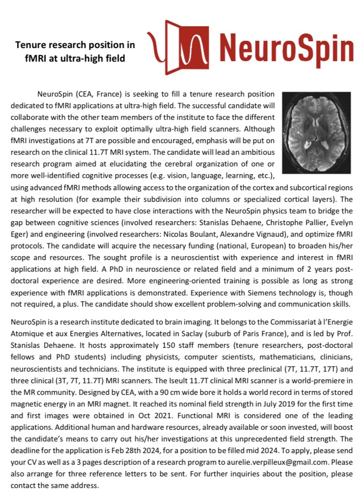 NeuroSpin is opening a position in ultra-high field functional MRI of cognitive functions, in order to optimally exploit its amazing 11.7 Tesla human magnet.
Please spread the word!