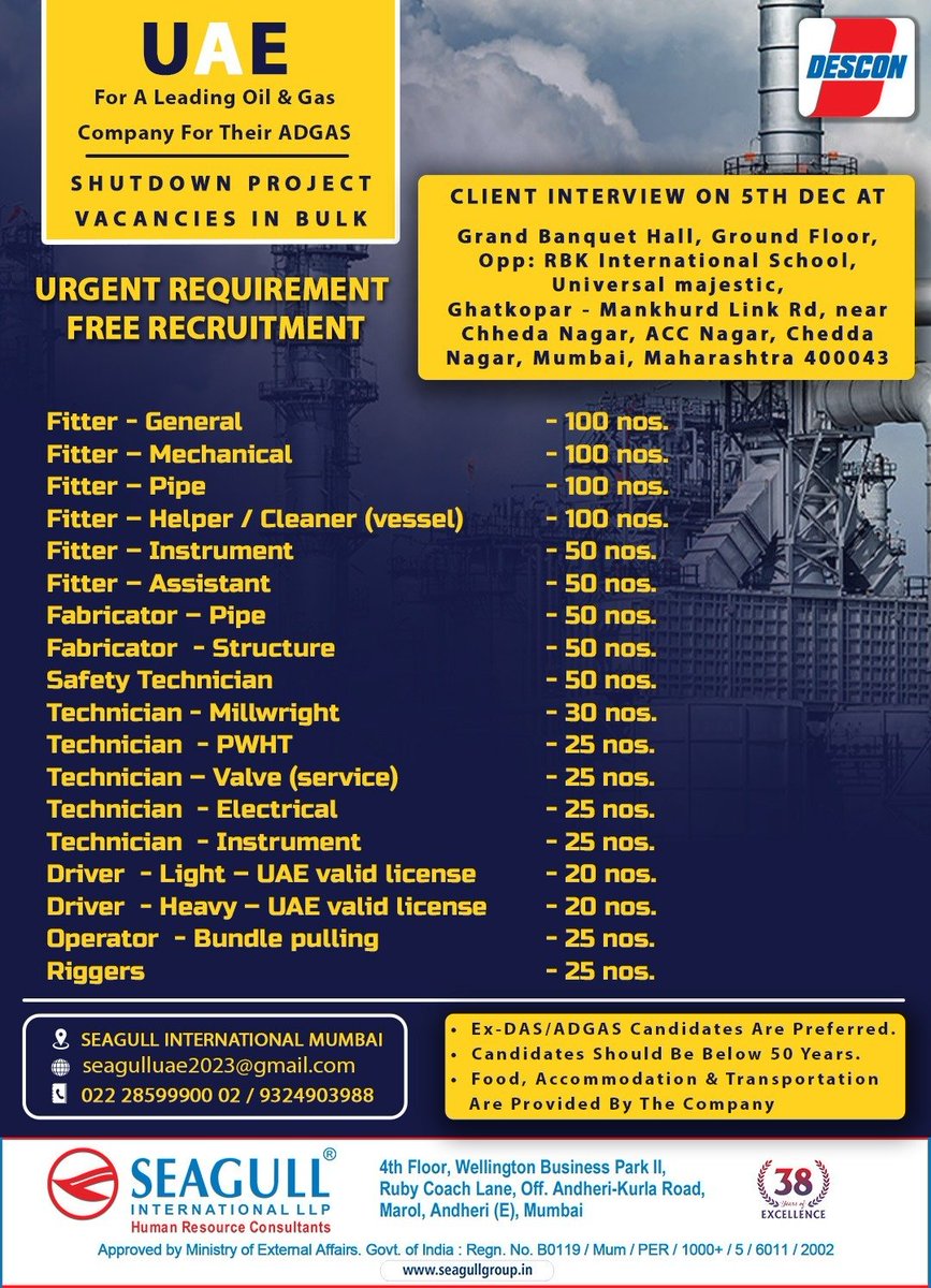 hrd1_seagull's tweet photo. 🇦🇪Uae Jobs
‼️Free Recruitment- Urgent Requirement
✔️Shutdown Project- Vacancies In Bulk
📍Client Interview In Mumbai On 05th December 2023
.

.

.
#uaejobs #segull #mumbaijobs #generalfitter #pipefitter #pipefabricator #helperfitter #vavletechnician #lightdriver https://t.co/UdS6L6xvDP