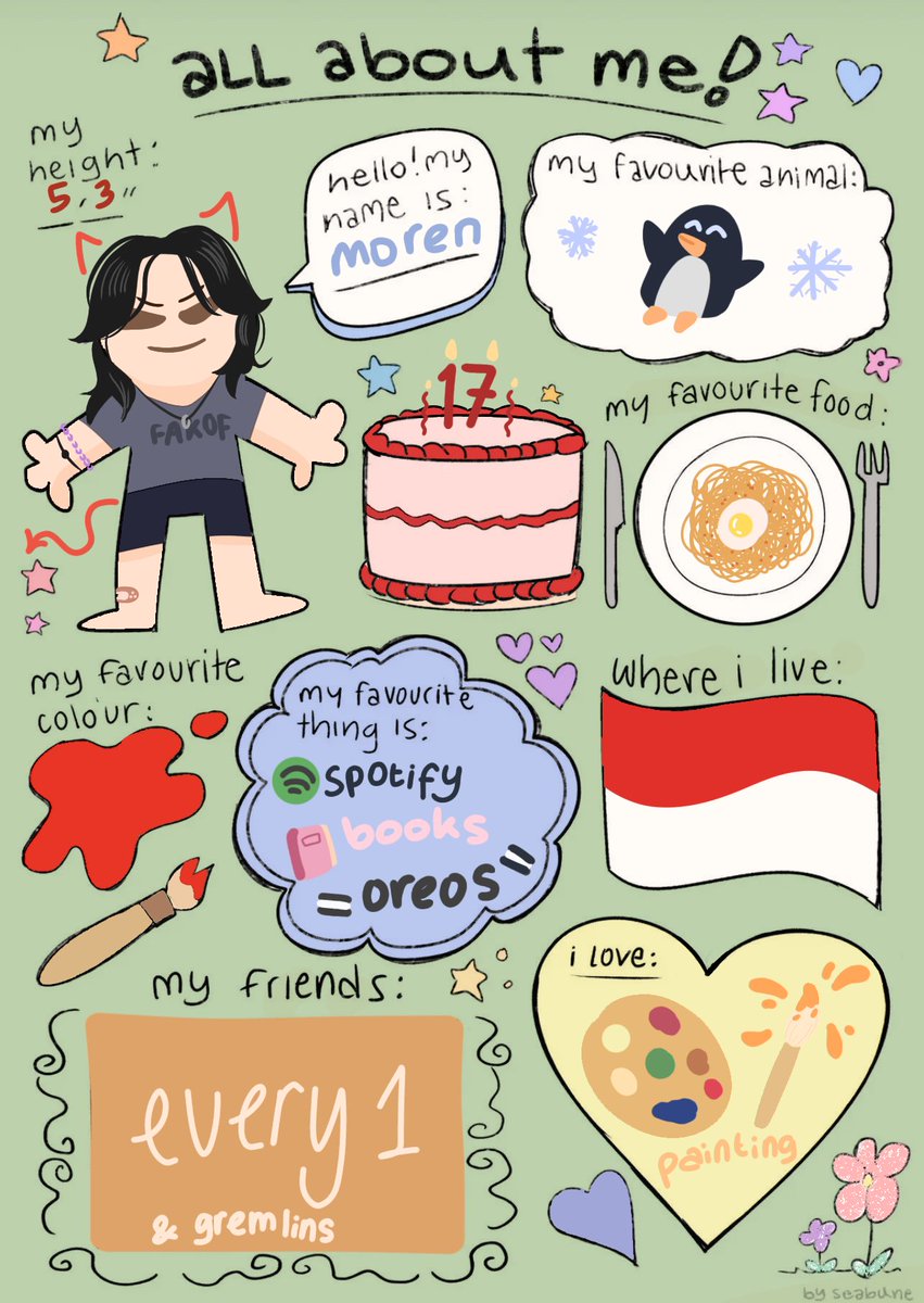 •⁠◍✧⁠*all about mee*.⁠｡♡
hi hii #studytwt #booktwt #arttwt

❥call me ren/moren 😸
❥06 baby, last year of shs 
❥social major, calon anak dkv (amen)
❥likes music, painting, fiction 

let's be friends yukk 👩🏻‍🎨📚✨
#AMBISVERSE