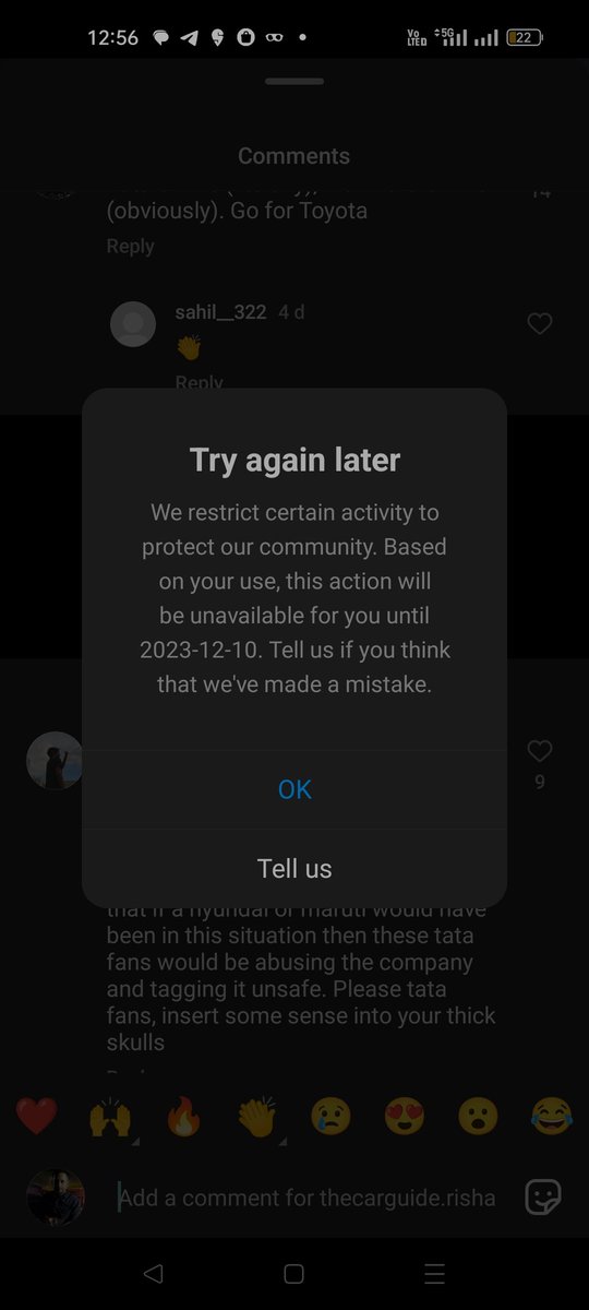 Was posting this comment and i  got restricted. Now I can't comment upto 10/12/23. What kind of Neo Nazi world we live in? <a href="/TataMotors/">Tata Motors</a> <a href="/instagram/">Instagram</a> <a href="/InstagramComms/">Instagram Comms</a>