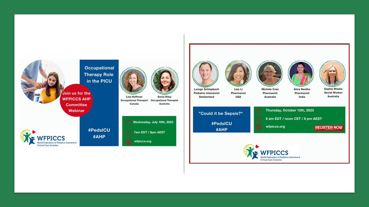 📢Our #AHP Committee has released 2⃣ live webinars this year for the multidisciplinary #PedsICU team! ➡️Both are available on-demand, head over to 👉 tinyurl.com/2uf7kct2 to watch: 🚨'Could It be Sepsis?' 🚨Occupational Therapy Role in the #PICU Get a taste of #WFPICCS24‼️