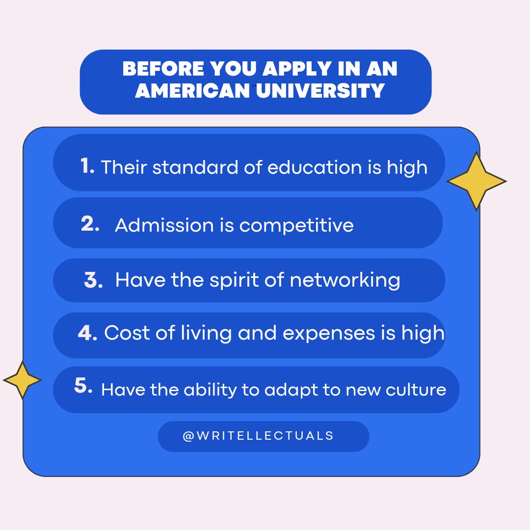 writellectuals1's tweet photo. Before you apply in an American University as an international student, there are five simple yet important things you need to know. 👆🇺🇸

#usa🇺🇸 #scholarshipopportunities #internationalstudents #ielts https://t.co/klaku1anOJ