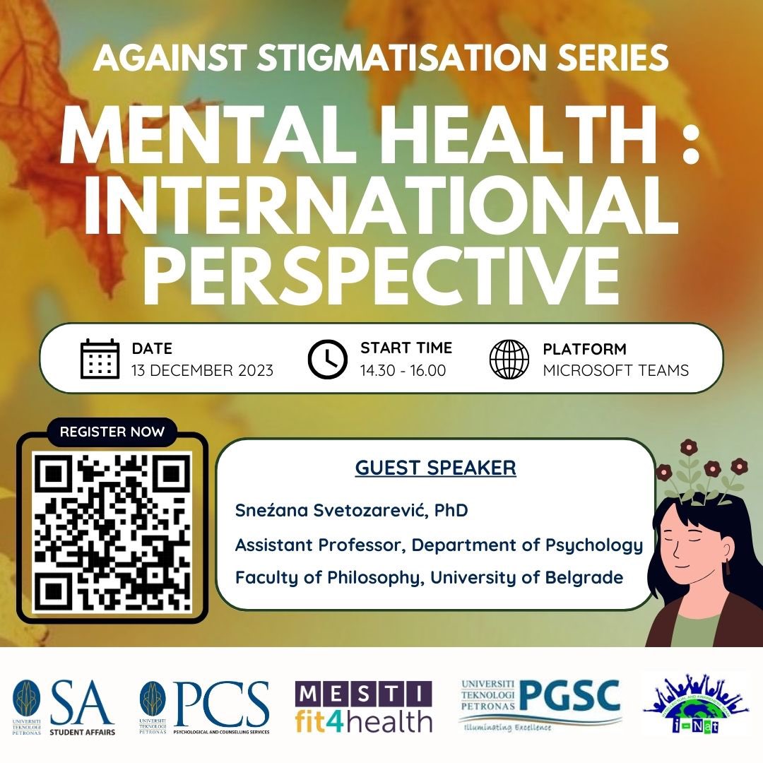 📣 Calling all UTPians to join UTP’s Mental Health Against Stigmatisation Series! 🗓 Save the Date: 13 Dec ⏰ 14.30 - 16.00 Scan the QR code to register.