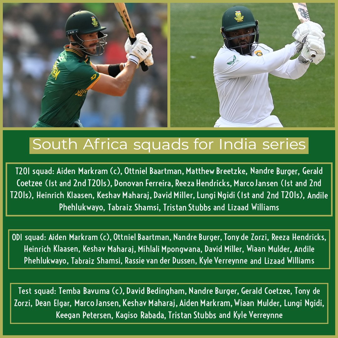 Temba Bavuma and Kagiso Rabada left out for the white-ball leg to focus on red-ball cricket ahead of the Test series; Gerald Coetzee, Marco Jansen and Lungi Ngidi will miss the 3rd T20I and the ODI series.

#SAvIND #SouthAfricaCricket