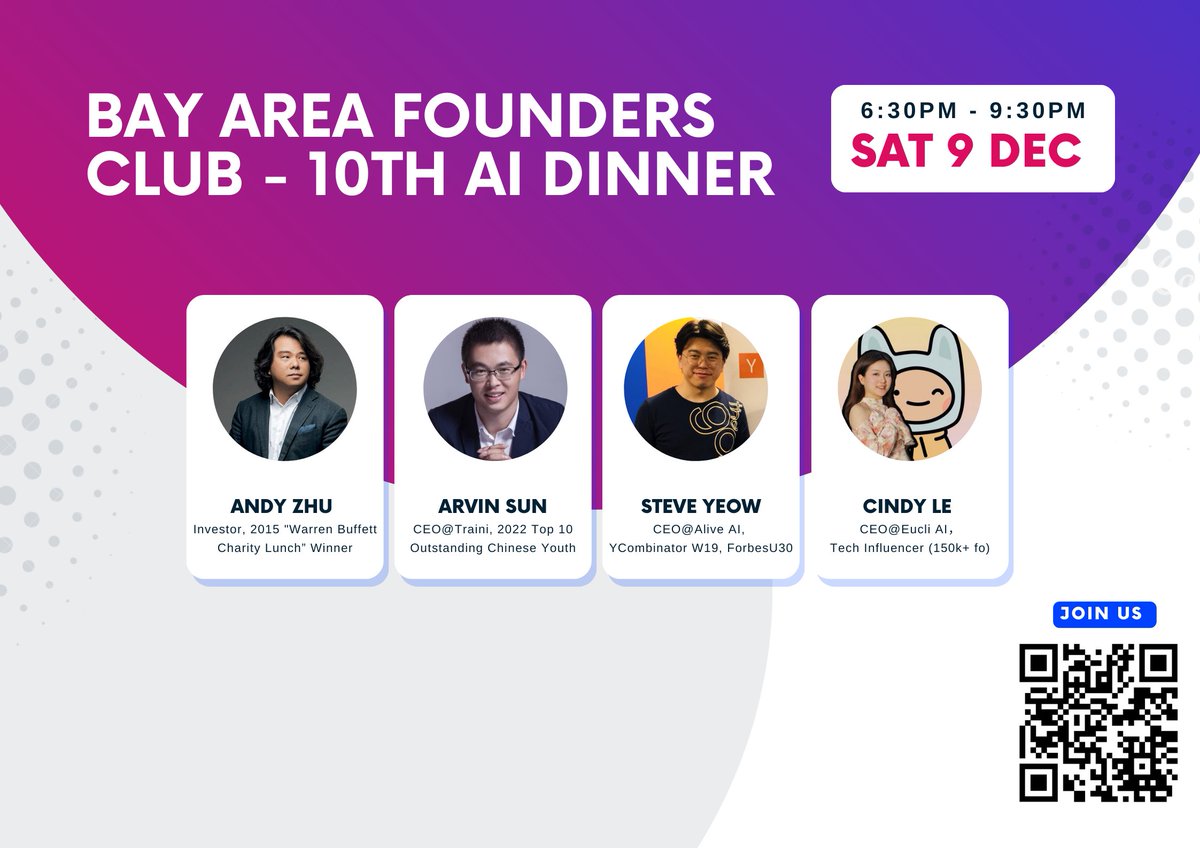 PaulFangBayArea's tweet photo. Join us for our 10th AI dinner in Palo Alto this Saturday! Three selected AI projects will be presented, including https://t.co/VPcRiEa6HC (@ArvinSun CEO @ Traini), https://t.co/Rn7RawnSSz (@steve_yeow CEO @ Alive AI), and https://t.co/yJ7H0OuKK8 (@Tiancaixinxin CEO @ Eucli AI). https://t.co/12rW5eQ5r9