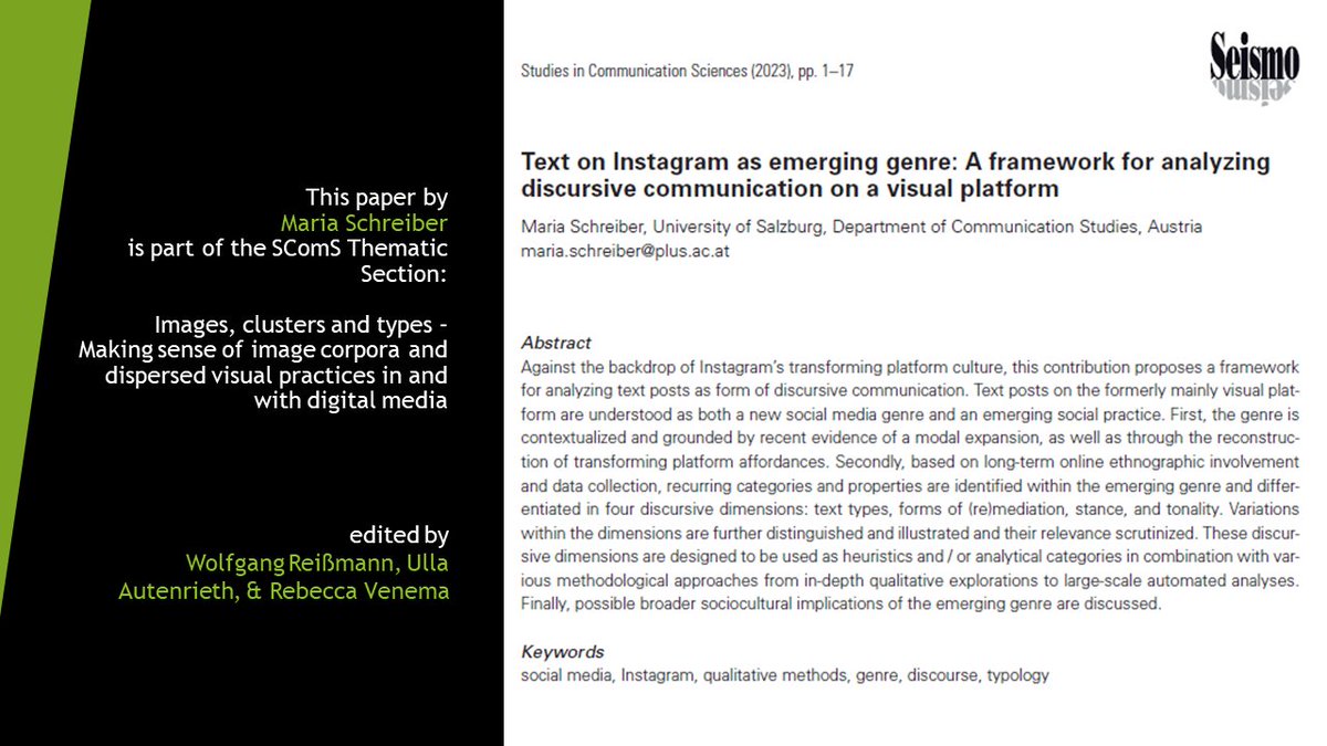 <a href="/perceptionalize/">Maria Schreiber</a> discusses „Text on Instagram as emerging genre” and proposes a framework for analyzing discursive communication on a visual platform through the dimensions of text types, forms of (re)mediation, stance, and tonality.

👉Online first: doi.org/10.24434/j.sco…