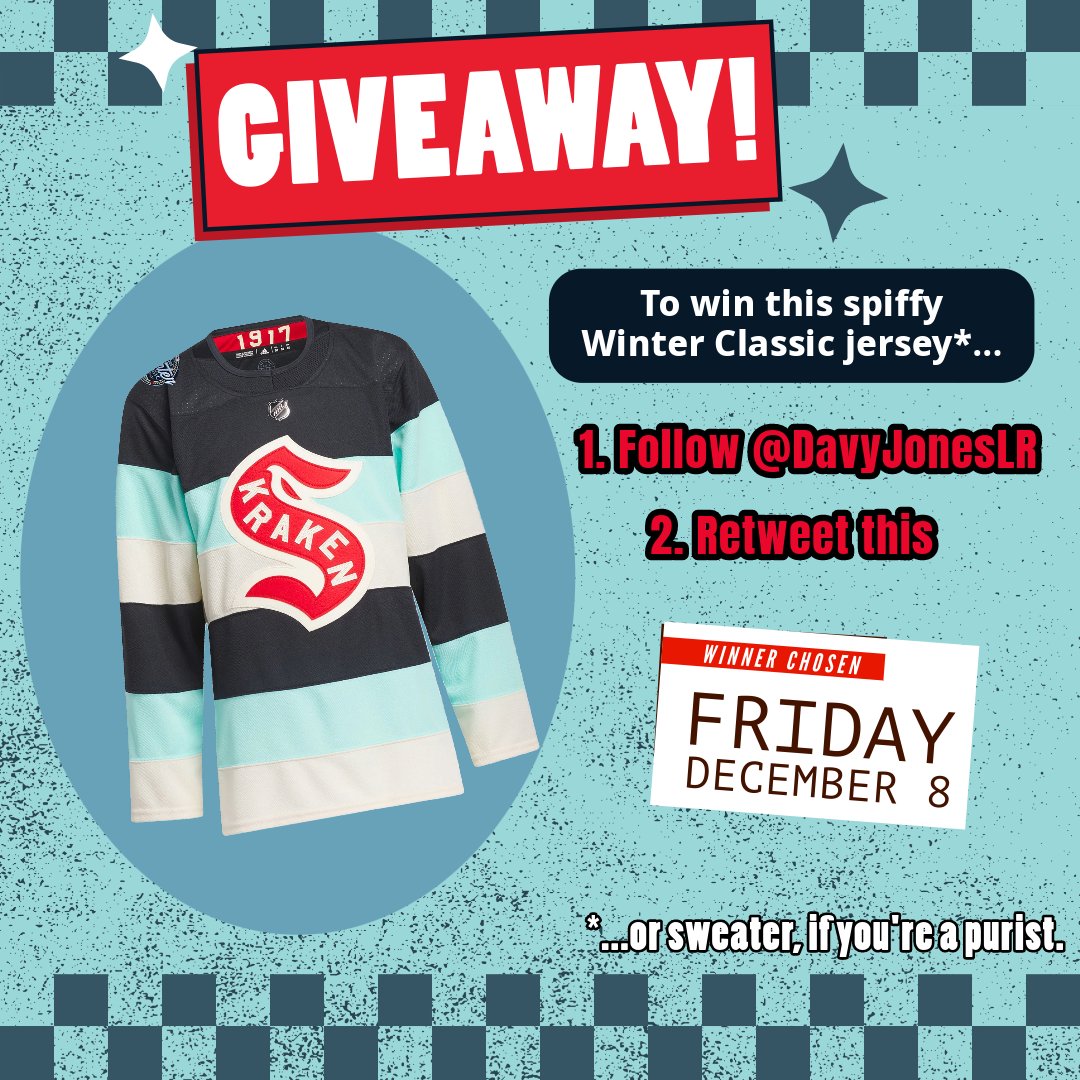 🚨 WINTER CLASSIC JERSEY GIVEAWAY ALERT! 🚨

Davy Jones’ Locker Room is giving away ANOTHER Seattle Kraken Winter Classic jersey!

To enter:
✅ Follow us at <a href="/DavyJonesLR/">𝘿𝙖𝙫𝙮 𝙅𝙤𝙣𝙚𝙨' 𝙇𝙤𝙘𝙠𝙚𝙧 𝙍𝙤𝙤𝙢</a>
🔁 Retweet

🏒 Winner announced on Friday, December 8! 🦑 

🙌 Good luck! 🙌