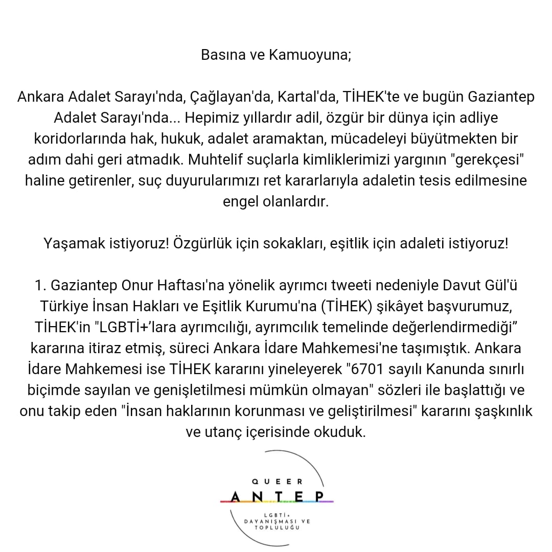 AntepQueer's tweet photo. Basına ve kamuoyuna; 
Haklı mücadelemizden vazgeçmiyoruz! 
#AntepOnurHaftasıDavası https://t.co/STNu2kmUsi