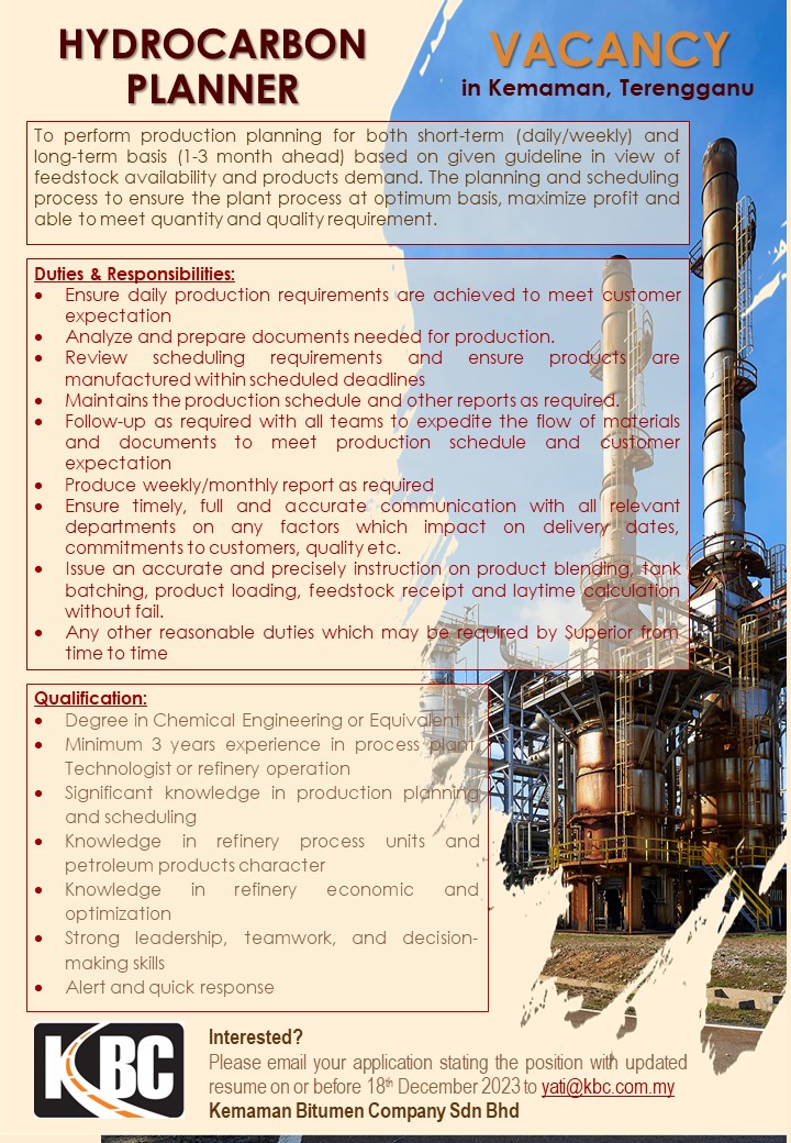 Aleeza68000's tweet photo. Various Vacancies in Kemaman Bitumen Company Sdn Bhd feel free to spread the words.  Thank you!
#vacancy #kemaman #terengganu #projectcoordinator #pdrteamleader #hydrocarbonplanner #chemicalengineering #mechanicalengineering #electricalengineering #fitter #operationtechnician https://t.co/lGUQGWgAp3