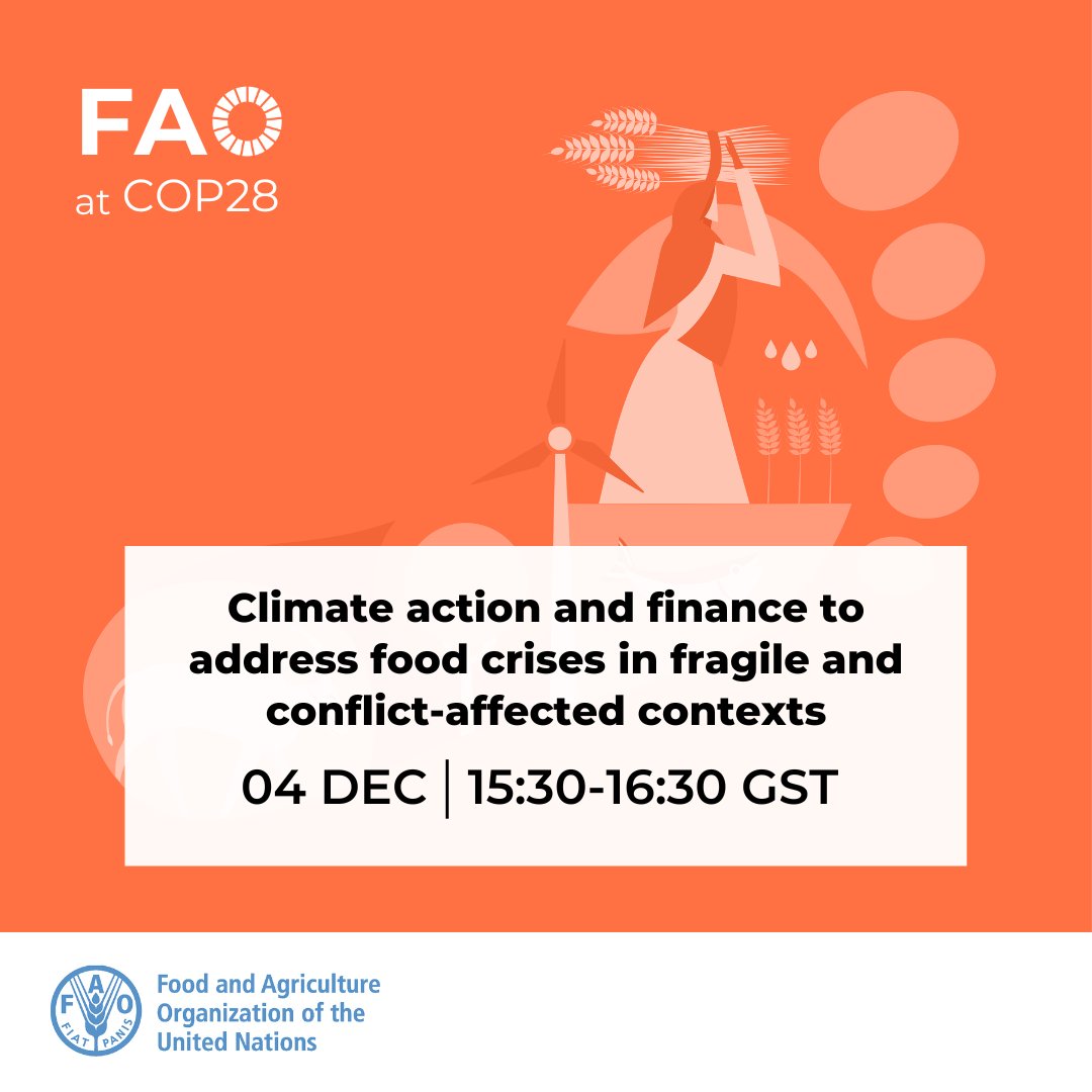 FAO in Emergencies (@faoemergencies) on Twitter photo Tune in to this event at #COP28 as speakers from <a href="/FAO/">Food and Agriculture Organization</a>, <a href="/UNFCCC/">UN Climate Change</a>, <a href="/theGCF/">Green Climate Fund</a> and more, will discuss climate action and finance to address food crises in fragile and conflict-affected contexts.
🗓️ 4 December 2023
🕑 15:30-16:30 GST
💻 bit.ly/49IOzEW
#ClimateAction Tune in to this event at #COP28 as speakers from <a href="/FAO/">Food and Agriculture Organization</a>, <a href="/UNFCCC/">UN Climate Change</a>, <a href="/theGCF/">Green Climate Fund</a> and more, will discuss climate action and finance to address food crises in fragile and conflict-affected contexts.
🗓️ 4 December 2023
🕑 15:30-16:30 GST
💻 bit.ly/49IOzEW
#ClimateAction