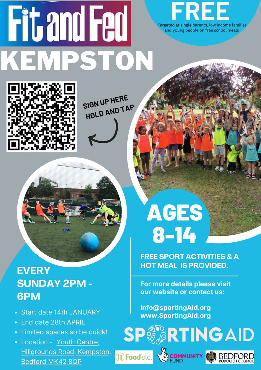 Sporting Aid are excited to announce our Fit and Fed programme at Kempston #YouthClub, #Bedford. 

A FREE, fun and engaging programme, designed to keep young people ages 8 to 14 active during the weekend with a hot meal. 

For more info, please see link SportingAid.org/kempston-f-f