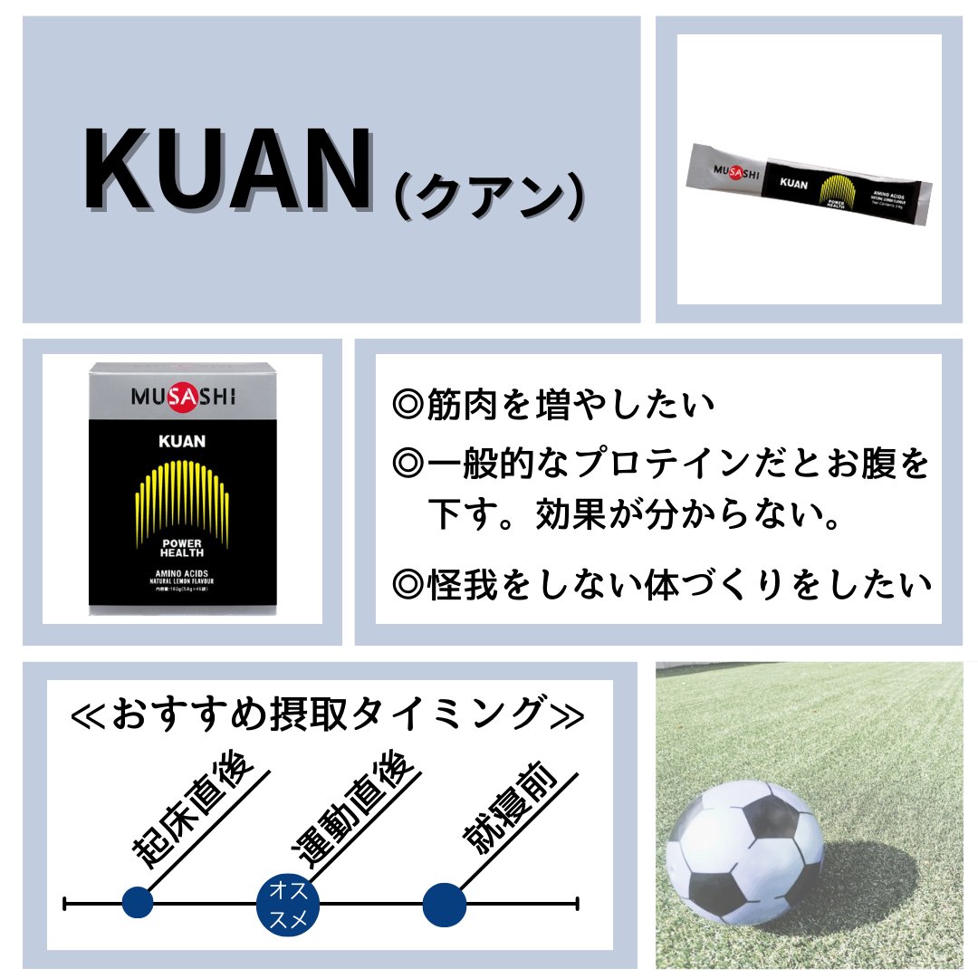 MUSASHIOFFICIAL's tweet photo. ＼サッカーをしている方にオススメMUSASHIの紹介⚽️／

①リプレニッシュ（人工甘味料不使用）
✔︎足攣り予防、脱水予防など

②CHEN
✔︎集中力UP

③NI
✔︎疲れを翌日に残さない

④KUAN
✔︎筋力UP

#MUSASHI #アミノ酸 #サッカー https://t.co/Uv5UafRaL6