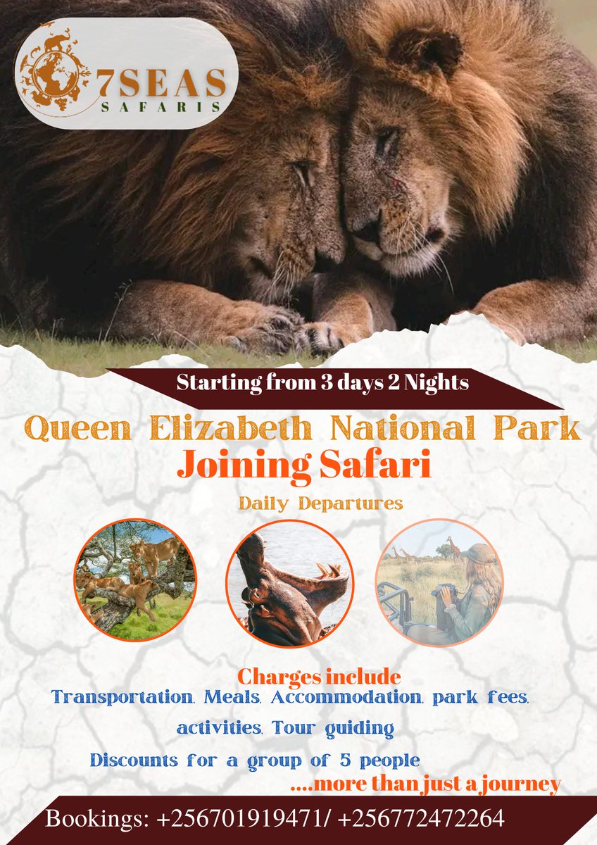 @ugandauncovered @MTWAUganda @simplcious @mangosafarisug @TourismBoardUg @UG_Airlines @YoungUgTours @TourBugandaUG @KLaCitizen @TPC_Africa @ugwildlife @7seassafaris in Uganda offers incredible trips like safaris in Queen Elizabeth National Park, gorilla trekking in Bwindi, and exploring Murchison Falls National Park. It's amazing! 🦁🦍🌿

CONTACT:0701919471