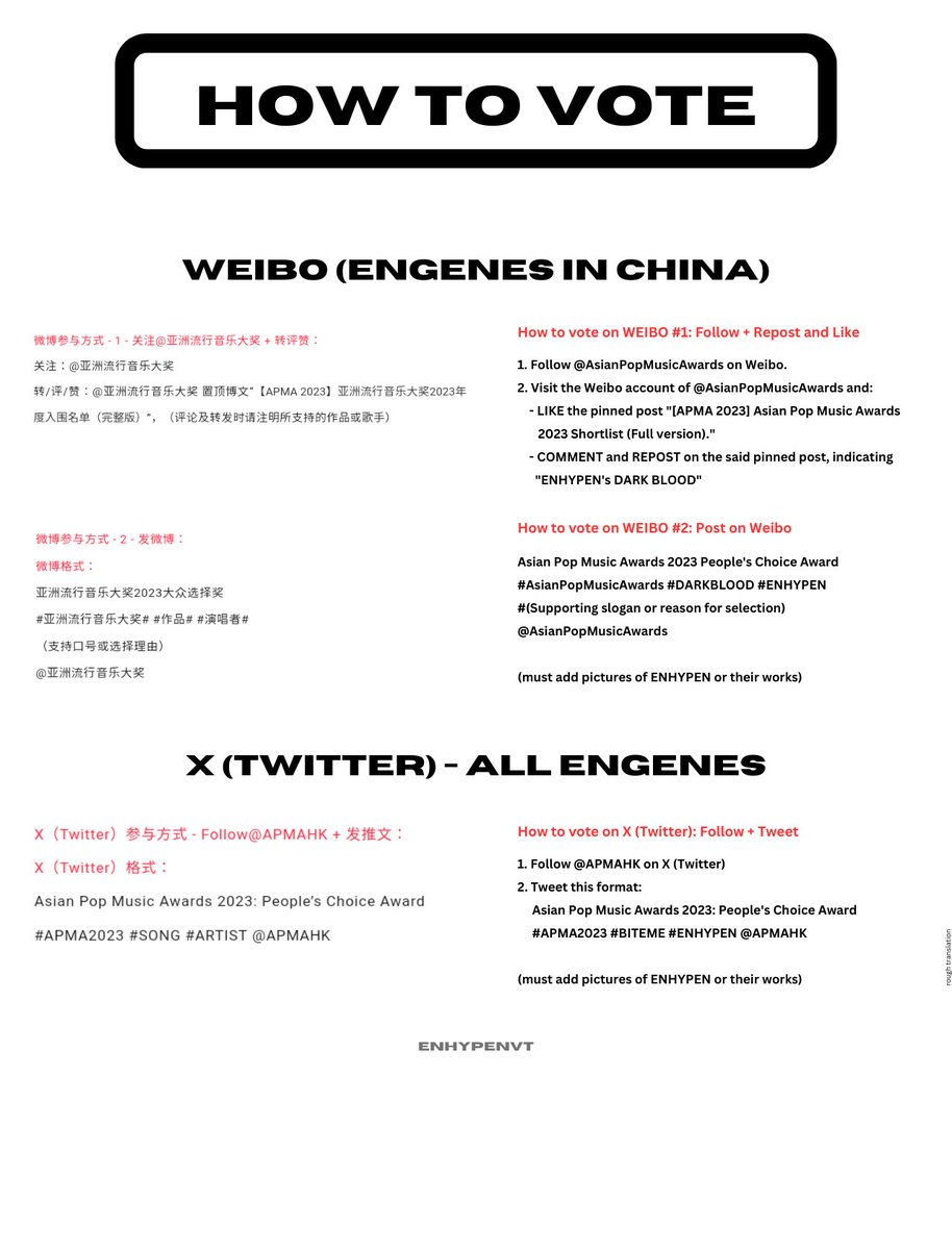 ENHYPENVT's tweet image. ENHYPEN has been nominated for Asian Pop Music Awards 2023: People's Choice Award  

How to VOTE on:
1. WEIBO
2. X (TWITTER)

Asian Pop Music Awards 2023: People’s Choice Award #APMA2023 #BITEME #ENHYPEN @APMAHK