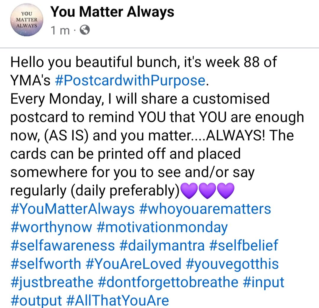 SuzieYMA's tweet photo. Hello you beautiful bunch, it's week 88 of YMA's #PostcardwithPurpose #YouMatterAlways #whoyouarematters #worthynow #motivationmonday #selfawareness #dailymantra #selfbelief #selfworth #YouAreLoved #youvegotthis #justbreathe #dontforgettobreathe #input #output #AllThatYouAre https://t.co/0kp3yohhXd