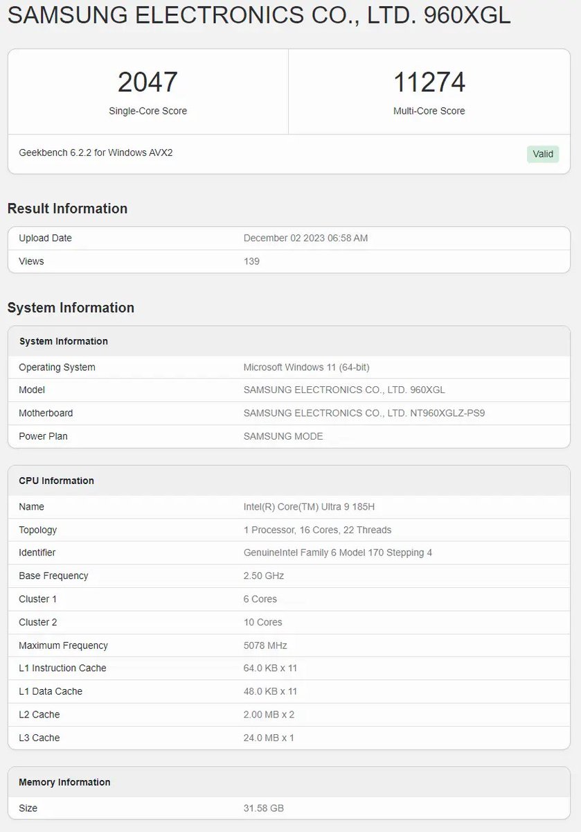 #Samsung Galaxy Book 4 Ultra appears on Geekbench

Equipped with Intel Core Ultra 9 185H has appeared in Geekbench. According to the model number 960XGL, it is expected to be a new Galaxy Book 4 Ultra laptop.

#Galaxy #GalaxyBook4Ultra #Geekbench #Exposed