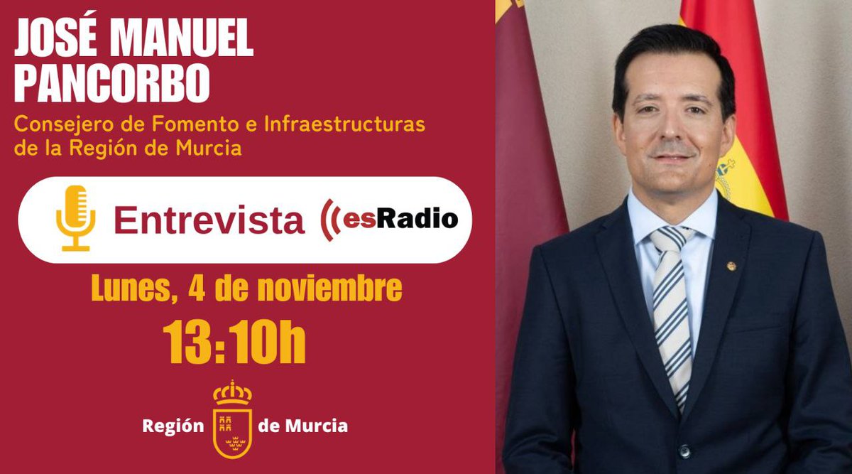 🎙 Entrevista al consejero de Fomento e Infraestructuras, <a href="/JM_Pancorbo/">José Manuel Pancorbo</a>, en <a href="/esRadio/">esRadio</a> #RegiónDeMurcia. 
📌 Lunes 4.
⏰️ 13:10h.

📲 Puedes seguirlo en directo en el siguiente enlace: 👇
esradiomurcia.es
#PresupuestosRM2024