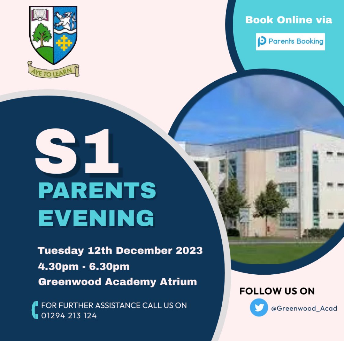 Greenwood_Acad's tweet image. A reminder that S1 Parents Evening is scheduled for Tuesday 12th December. Booking information will be emailed to parents/carers in due course. Any issues please contact our school office. #nextstepsinlearning