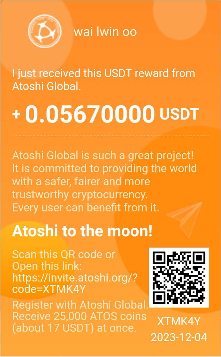 WaiLwin84's tweet photo. Hey! Are you looking for a nice cryptocurrency project? Check Atoshi Global out! I just got my rewards, try your chance too. Just go through this link:  
 https://t.co/VTYSyijTRB
 #ATOS #Atoshitothemoon https://t.co/qQpBgK1Ff3