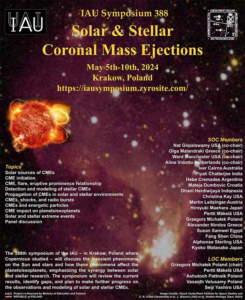 The IAU Symposium #IAUS388 on 'Solar and Stellar Coronal Mass Ejections' will be hosted in Krakow, Poland, from May 5 to 10, 2024. Travel Grants: 15 Jan. Abstract Submission: 15 Feb. Early Registration: 15 Feb. iausymposium.zyrosite.com