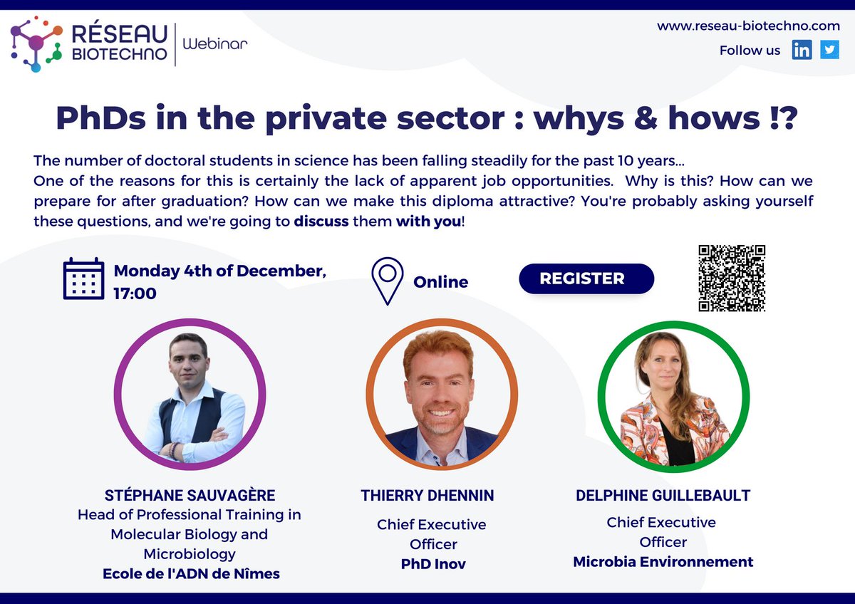 Last chance to register to our next webinar today from 5 p.m. !!

"PhDs in the private sector : whys &amp; hows ?"

Registration👉 forms.gle/BR8tqoLLVXcrcs…

#CareerDevelopment #ReseauBIOTechno #webinar #PhD #career #youngresearchers