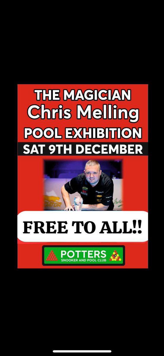 potterssnooker's tweet photo. Don’t miss out!! This Saturday we welcome @chrismelling1 to the club for a pool exhibition. Promises to be a great night 🍻 🎱 https://t.co/Zeyn5Mgws2