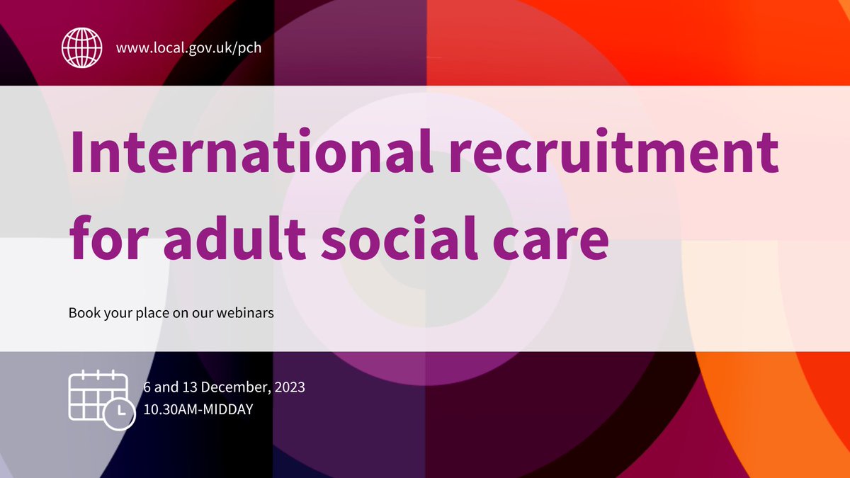 The first of a 2-part series on international recruitment in #AdultSocialCare kicks off on Wednesday (6 Dec).

We'll look at ethical international recruitment processes &amp; the role of councils; discuss the issues &amp; explain how to access support.

Book now lgaevents.local.gov.uk/lga/frontend/r…