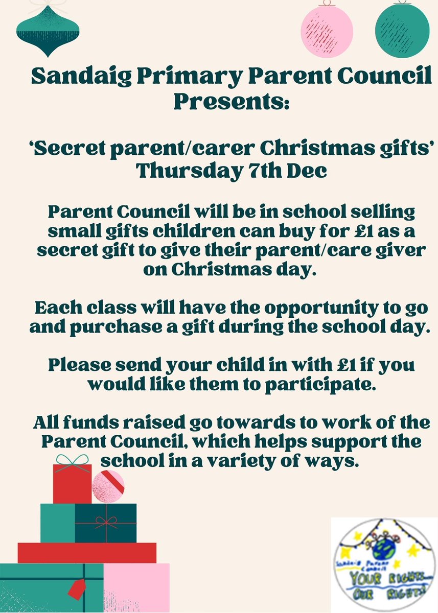 sandaigprimary's tweet photo. The parent council will be in school on 7th December for a secret gift for adults from the children. Please send £1 in to school on Thursday if you would like your child to participate 🎄🎅 https://t.co/3zMaMD1P9A
