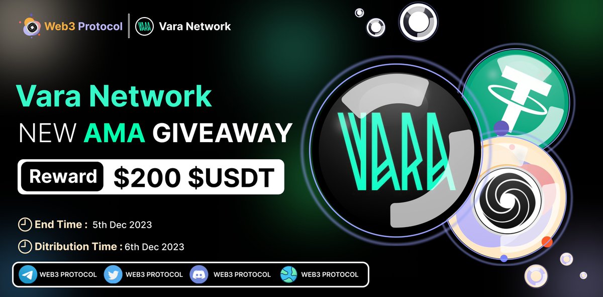 Web3_Protocol's tweet photo. 🎉Web3 Protocol X Vara Network $USDT giveaway

 🏆Prize Pool: - $300 USDT ( For Top &amp; Random )

 To Enter: - 
✔️Follow @Web3_Protocol &amp; @VaraNetwork
✔️Like and RT 3 friends
✔️Fill form:- https://t.co/m1FYw1msZB

#Airdrop #Giveaway #Giveaways #Vara_Network https://t.co/sXGaFMuuT4