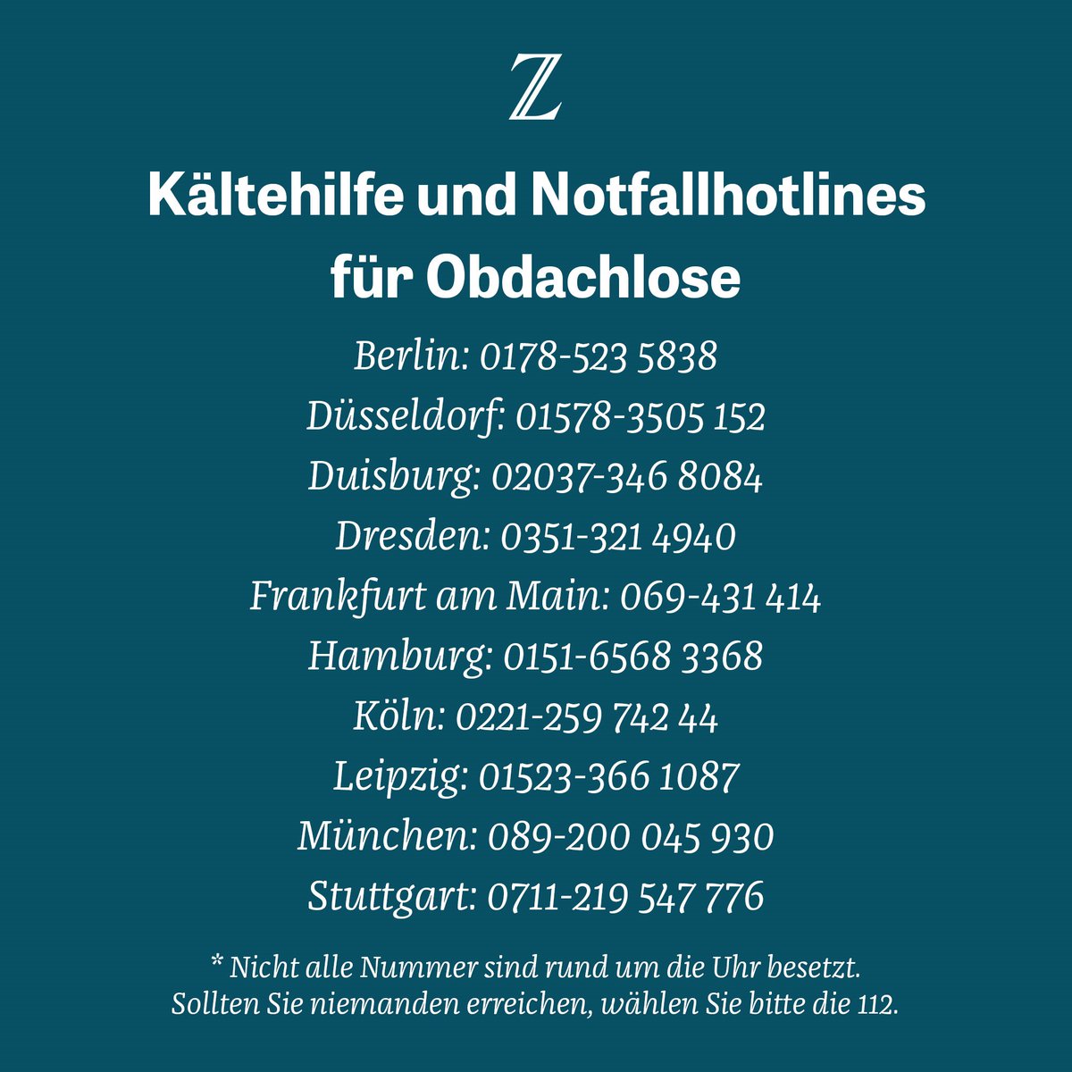 Auch, wenn es draußen schön weihnachtlich und weiß ist, bitte nicht vergessen, dass es auch in sogenannten 'reichen' EU  Ländern viele Obdachlose unter Minus Temperaturen leiden. 
Hier ein paar Kältehilfe, Not - und Hotlines für Österreich und Deutschland. Im Netz gibt es viele