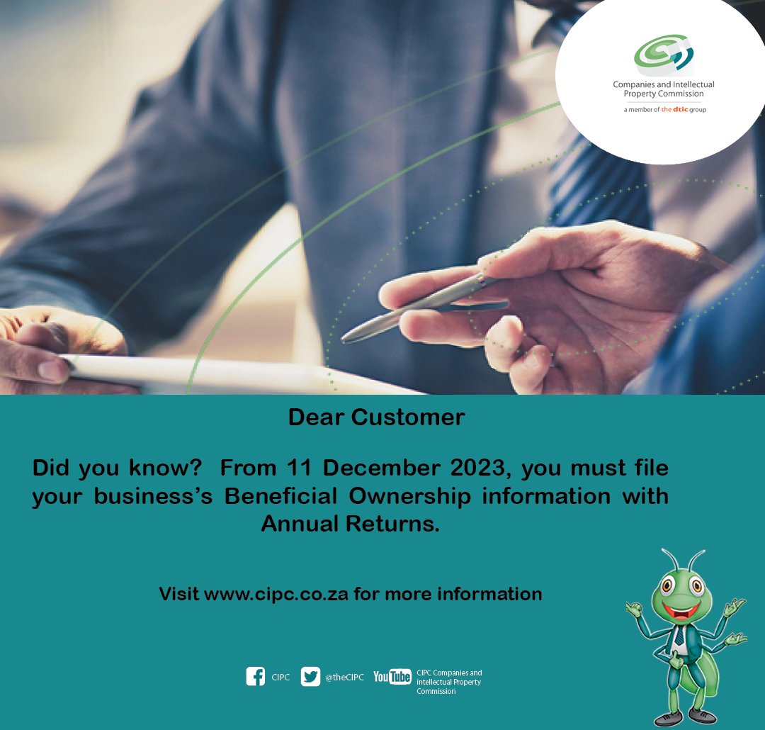 theCIPC's tweet photo. Dear Customer
Did you know?
As from 11 December 2023, the Annual Return service for companies and close corporations will validate whether the Beneficial Ownership Filing is up to date, and if not, reroute it to such service.
#CIPC #ARFiling #YourBusinessOurFocus https://t.co/KAhbkmySpH